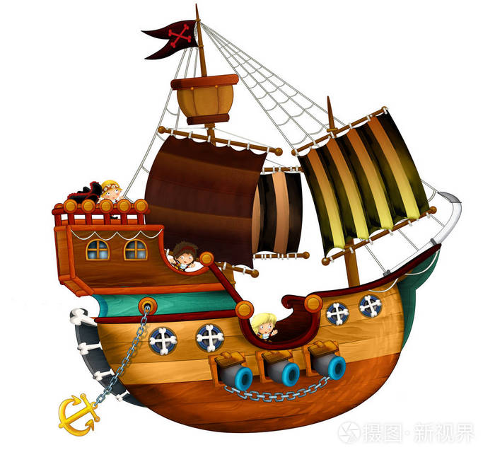 卡通海盗船与大炮在白色背景插图为儿童