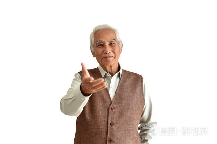 照片 亚洲老人,自信微笑的老人在白色背景上用手欢迎手势,请柬手,快乐