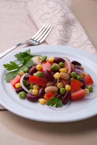 白盘子里的健康豆玉米沙拉图片