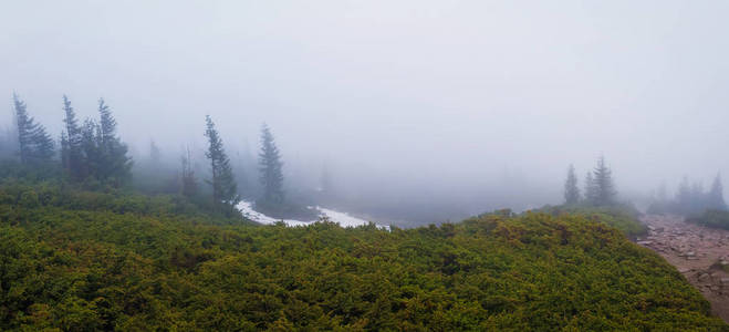 喀尔巴阡山脉雾蒙蒙的早晨全景图片