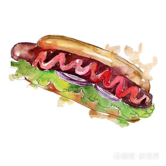 热狗快餐隔离水彩背景插图集独立小吃插图元素