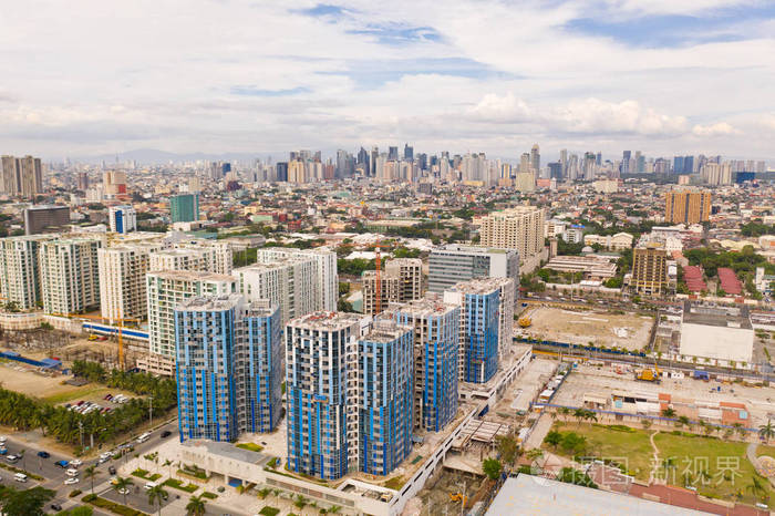 菲律宾首都马尼拉市早晨的现代都市俯视大城市里的摩天大楼和商业中心