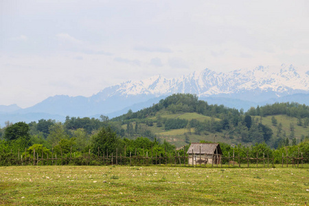 高加索山区村庄里的老木屋图片