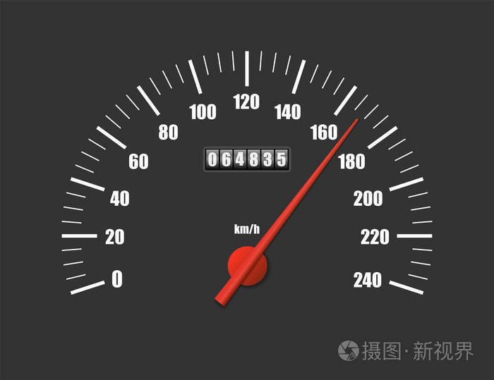 真实的速度表隔离在黑色背景上跑车里程表与汽车里程测量刻度赛车速度