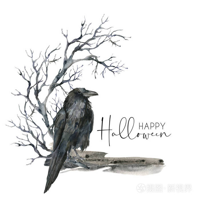 水彩画万圣节卡片与乌鸦和树枝.