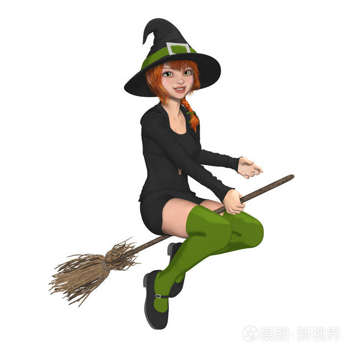 年轻漂亮的年轻女巫骑着扫帚飞行