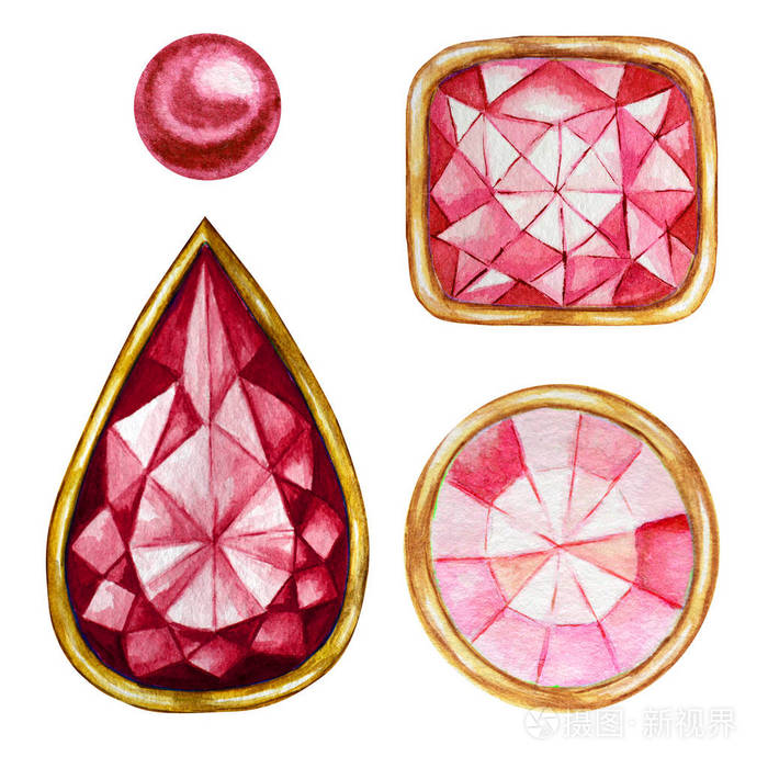 金框中的红色水晶和珠宝珠手绘水彩钻石白色背景上孤立的豪华物品用于