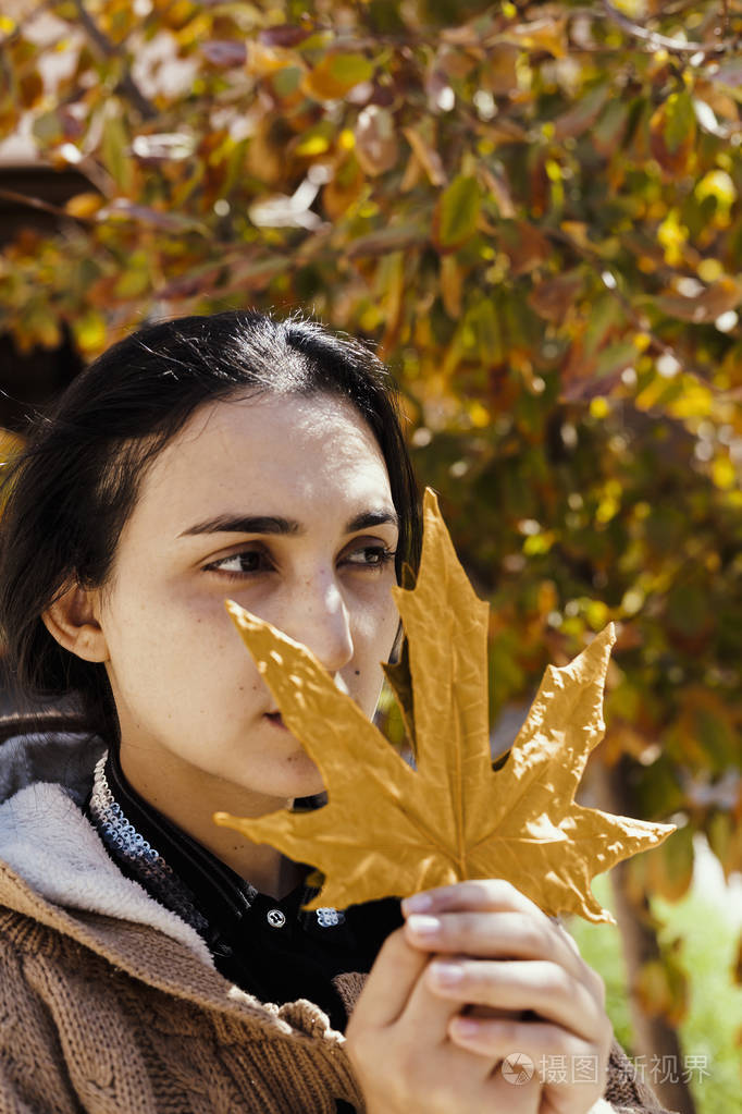 秋天的女人秋季季节概念一幅秋叶黄的美女画像