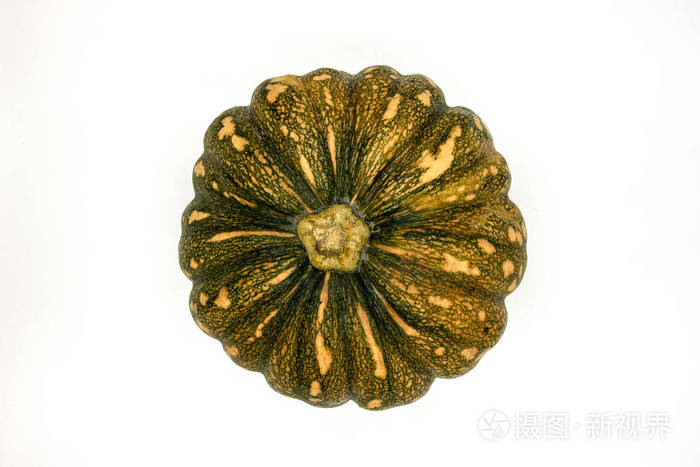 绿黄南瓜白底俯视照片秋园丰收概念美味成熟蔬菜特写
