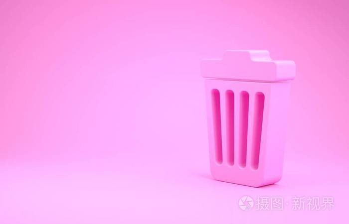 粉红色垃圾桶图标隔离在粉红色背景上.垃圾箱标志.极简主义概念.