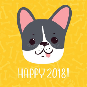 幸福的2018矢量新的年招呼卡片.手疲惫的狗.