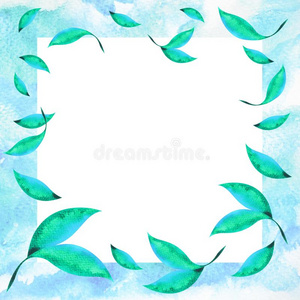 绿色的叶子,蓝色天框架白色的背景,水彩绘画