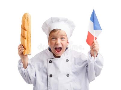 小的厨师和法国长面包和法国的旗采用h和向白色的伊索拉