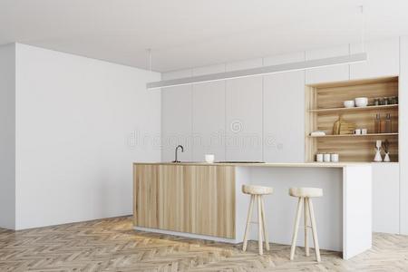 白色的厨房,木制的条台角落
