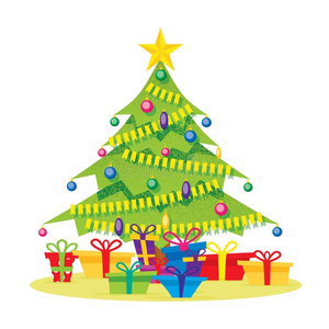 圣诞节树隔离的向白色的和赠品盒,星,杂乱一