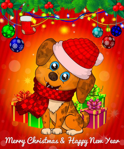 漫画圣诞节狗和赠品盒向红色的背景.