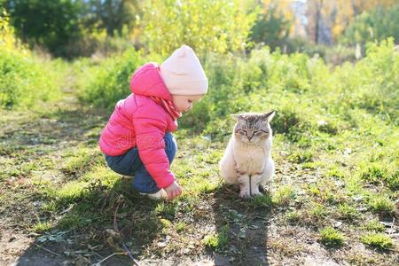 可爱的1年女孩和无家可归的猫采用秋在户外