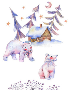 冬水彩酿酒的卡片和极地的熊,魔力的森林