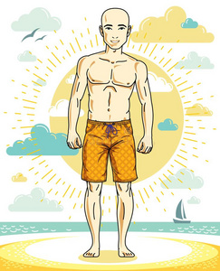 英俊的秃头的男人使摆姿势向热带的海滩采用富有色彩的短裤.英语字母表的第22个字母