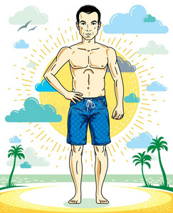 英俊的浅黑肤色的男人年幼的男人起立向热带的海滩采用短裤.
