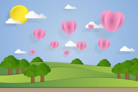 风景说明和心气球采用纸艺术方式