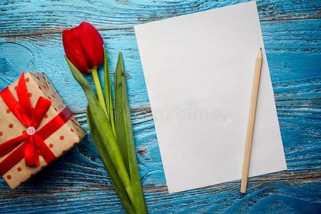 春季母亲女人一天复活节红色的郁金香花的最小的后台