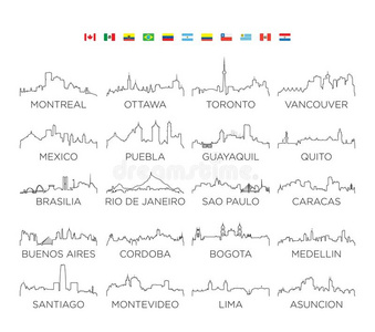 北方和南方美洲地平线城市线条艺术,矢量illustrati
