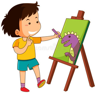 小的男孩绘画恐龙向帆布