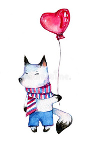 小的白色的漫画狐采用有条纹的围巾和裤子和听到