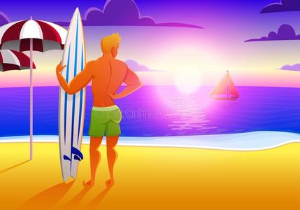 冲浪运动员向指已提到的人洋海滩在日落和冲浪板.矢量图解