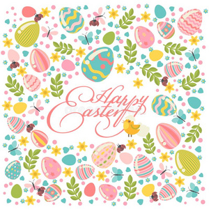 幸福的复活节招呼卡片采用彩色粉笔国旗和富有色彩的花环