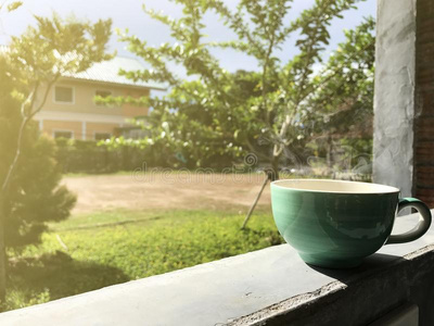 咖啡豆向绿色的杯子花园背景.