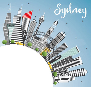 悉尼澳大利亚城市地平线和灰色建筑物,蓝色天和