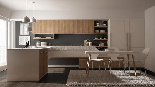 现代的极简主义木制的厨房和进餐表,地毯和