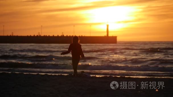 Girl Silhouette is Running Toward With Kite People Families Are 