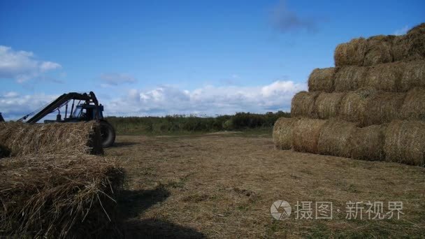 拖拉机在农业工程中加载干草捆视频