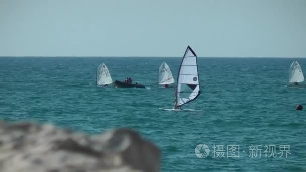 TEL AVIV, ISRAEL  MAY A sailboat on the horizon in the beautif