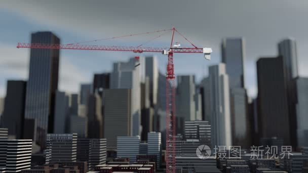 建筑起重机动画，城市的背景下，摩天大楼景观观。金属建筑