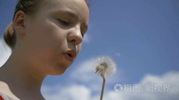 吹蒲公英和微笑的女孩关慢动作视频