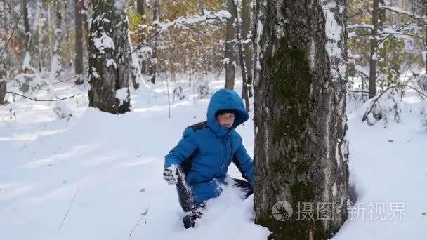 孩子在玩投掷雪球从树在冬季公园后面视频