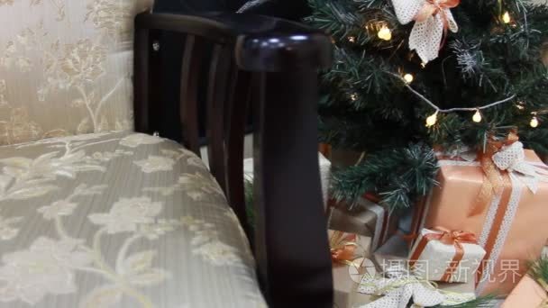 礼品玩具和白光闪烁花环介绍下装饰圣诞枞树的框。幻灯片的相机运动