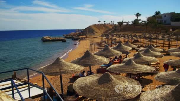 遮阳伞和日光浴浴床在埃及红海视频