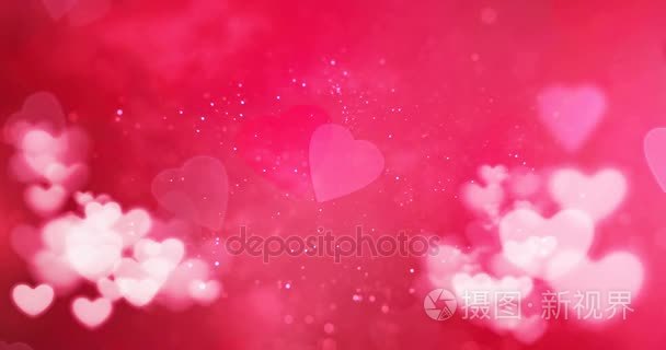 粉红色的心形状背景与粒子闪光闪光，情人节一天爱假期事件上的红色和白色的散景心