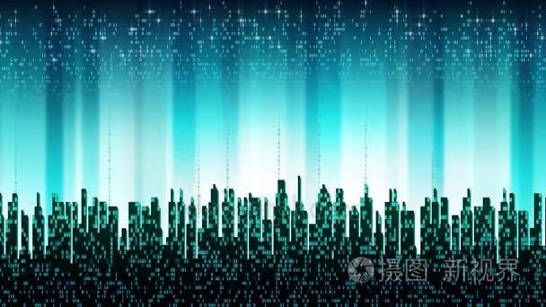 在线的城市。抽象的未来数字城市，云连接，高科技背景