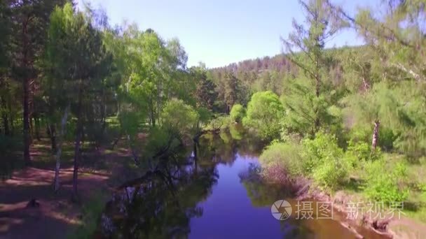 4 k.Prores 编解码器。从空中航拍视频。夏季森林与小山河