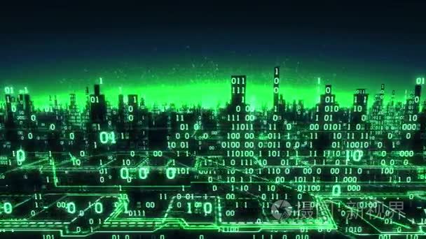 抽象的未来派二进制城市，与数字阵列连接到全球网络 矩阵 无缝环 alpha 遮罩的高科技背景的鸟瞰图