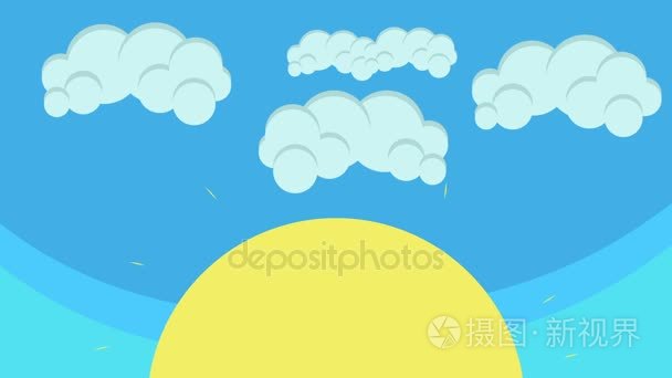 卡通大太阳和白云在蔚蓝的天空中盘旋