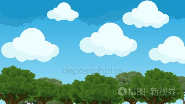 可爱又肿卡通云彩上面森林树木湛蓝的天空中盘旋