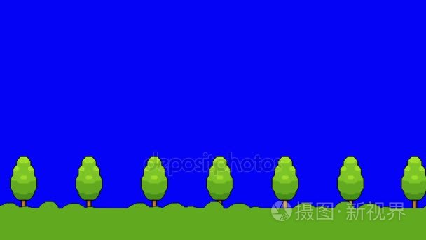 像素艺术视频游戏草和树上的蓝色屏幕向前走