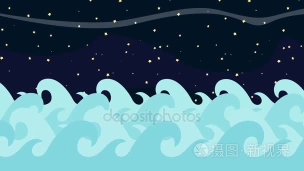 卡通矢量海浪上繁星闪烁的夜晚背景